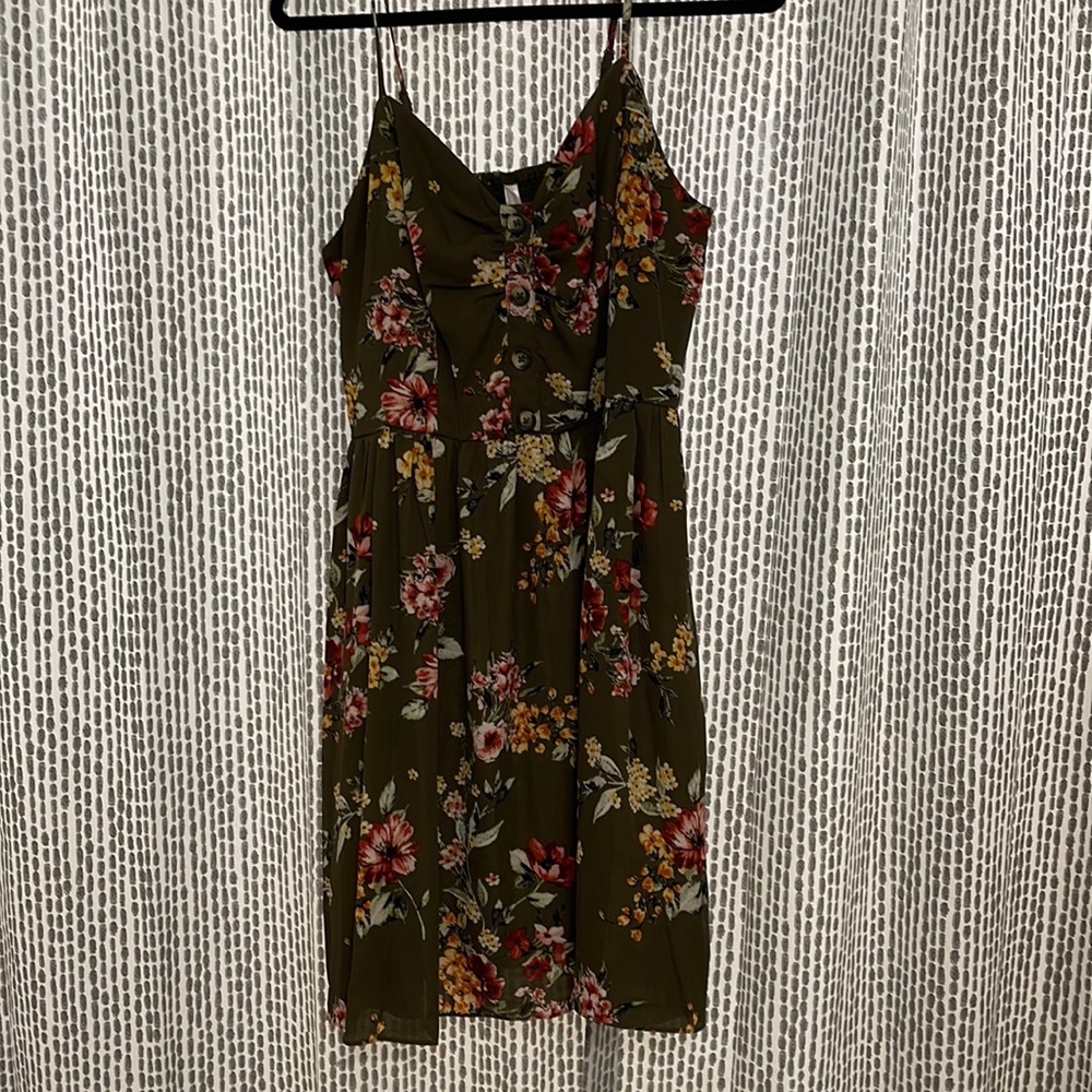 Midi Army Green Floral Print Dress